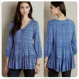 ANTHROPLOGIE MAEVE‎ Lila Blue Boho Rayon Tiered Oversized Tunic w/ Pockets Sz XS